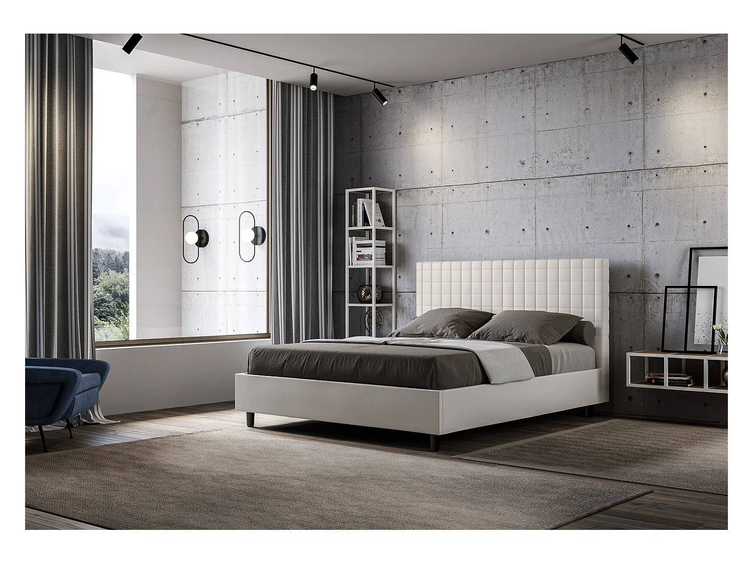 Lit matelassé à carreaux simili cuir Kunda-Couleur Blanc-160x200-Option Avec sommier