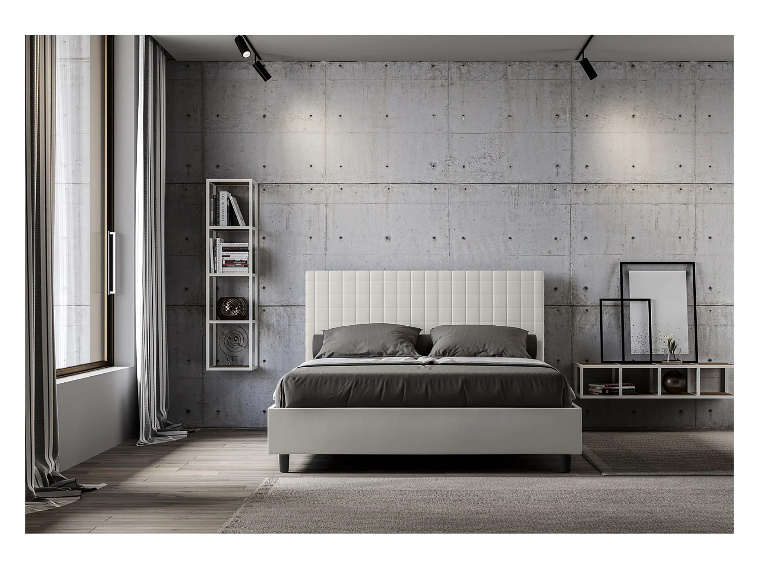Lit matelassé à carreaux simili cuir Kunda-Couleur Blanc-160x200-Option Avec sommier