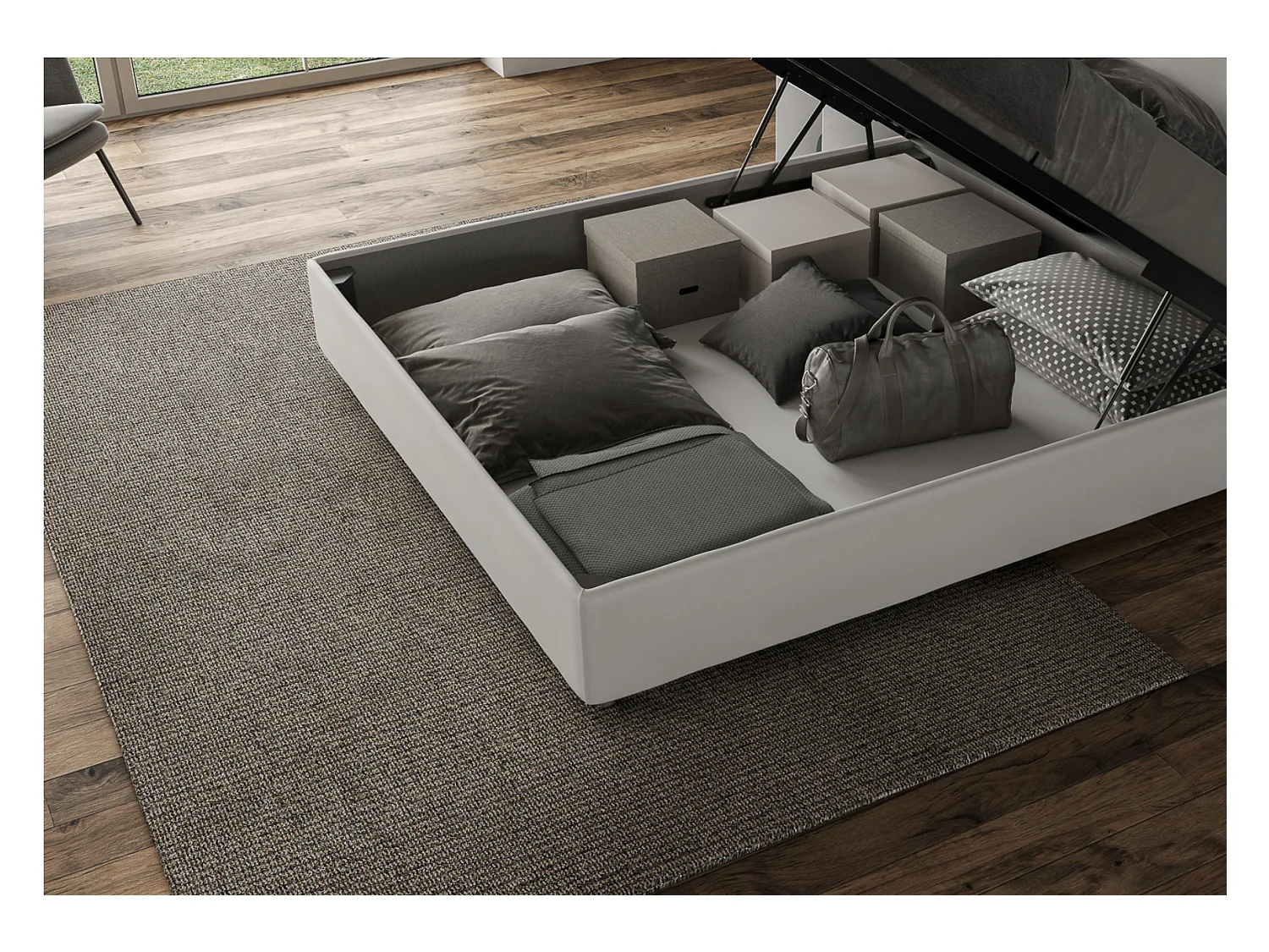 Lit matelassé à carreaux simili cuir Kunda-Couleur Blanc-160x200-Option Avec sommier
