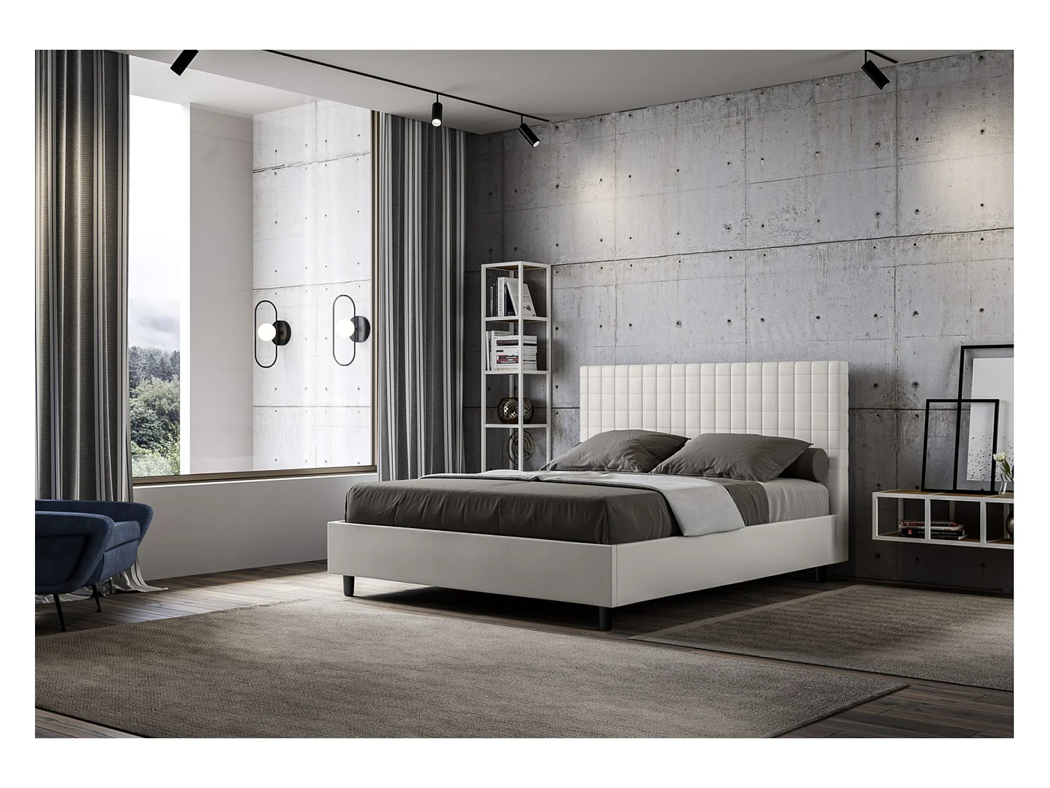 Lit matelassé à carreaux simili cuir Kunda-Couleur Blanc-160x200-Option Avec sommier