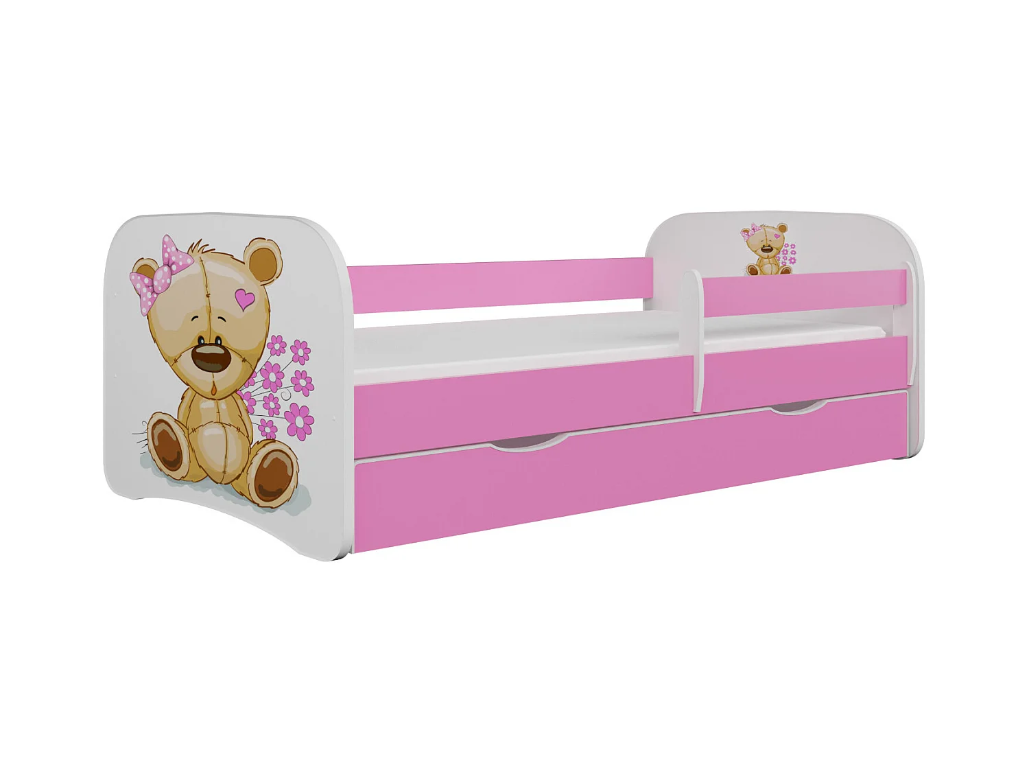 Lit enfant rose ourson et fleurs avec sommiers et barrière de sécurité amovible Drimy-Matelas mousse-70x140