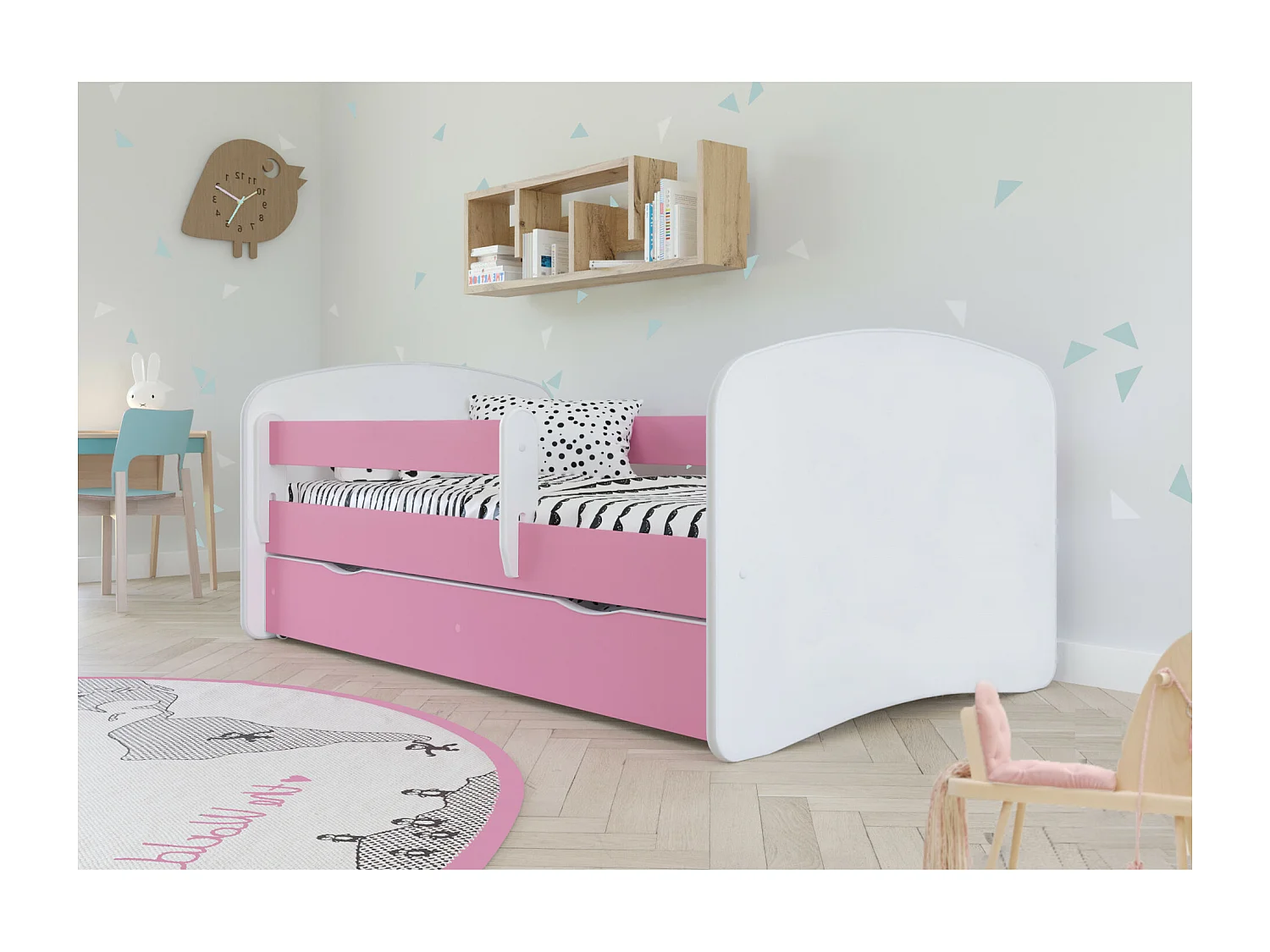 Roze kinderbed met boxsprings en afneembaar hekwerk Drimy-Zonder matras-Slapen 80x180cm-Laden Met lade