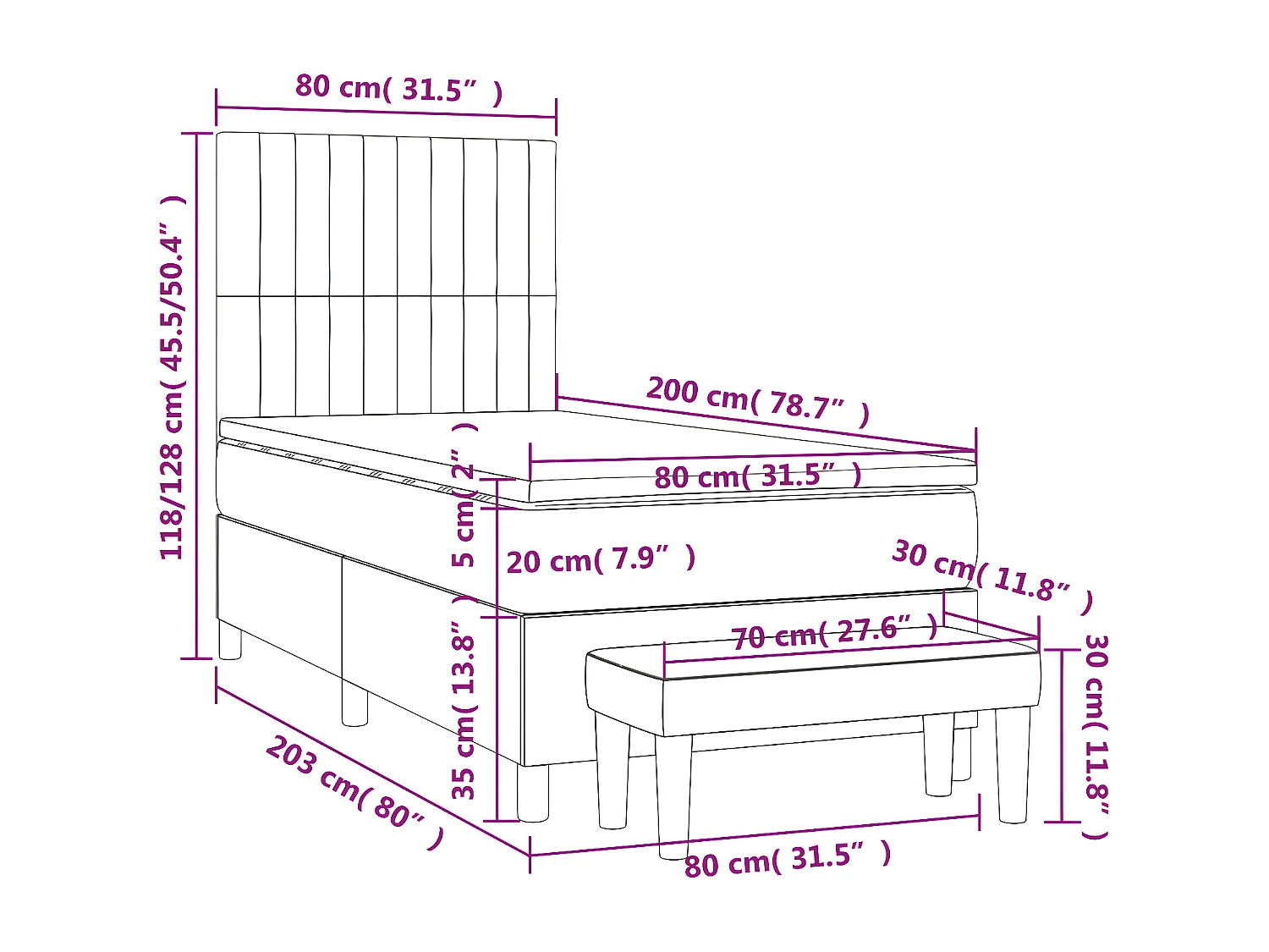 Lit à sommier tapissier avec matelas Marron foncé 80x200 4