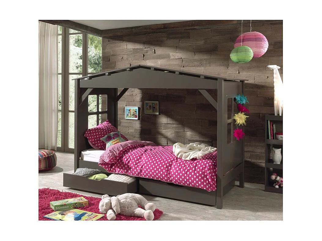 Cama cabaña de pino macizo topo Pinie 90x200 cm-Modelo 2 cajones pequeños