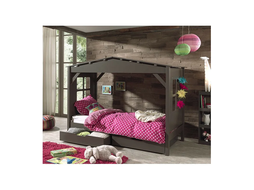 Lit Enfant "Cabane" Home & 2 Tiroirs de Lit Taupe