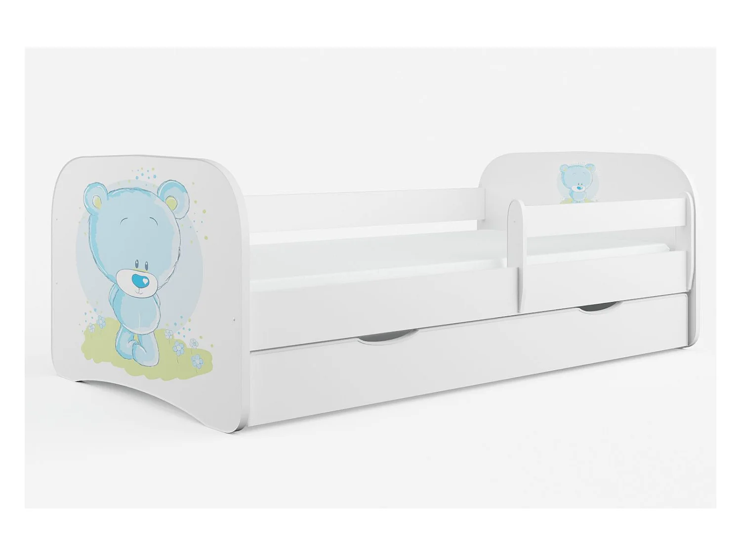 Cama infantil Osito con somieres y barrera de seguridad extraíble Drimy-Ropa de cama 70x140 cm