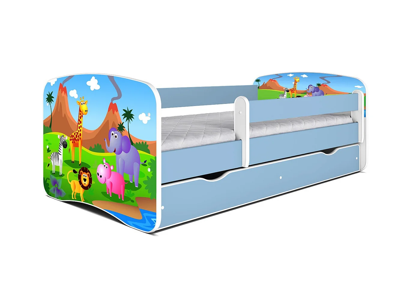 Cama infantil Safari azul con somieres y barrera de seguridad extraíble Drimy-Ropa de cama 80x180 cm-Cajones Con cajón