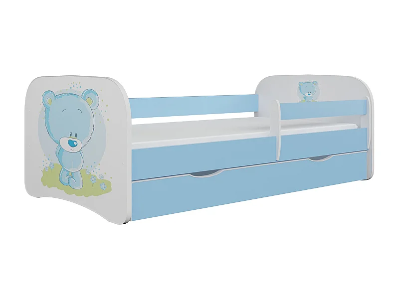 Blauw teddybeer kinderbed met boxsprings en afneembaar veiligheidshek Drimy-Zonder matras-Slapen 80x180cm-Laden Zonder lade
