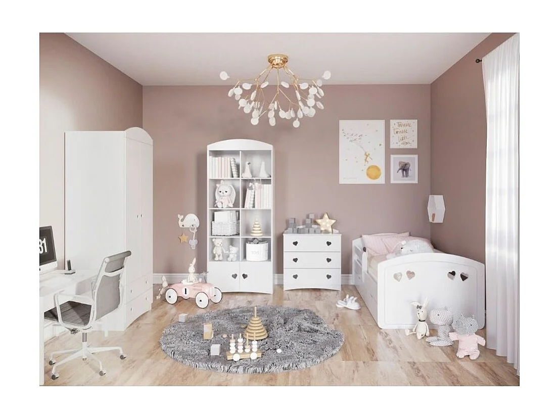 Lit orné de cœurs avec barrière de sécurité amovible blanc Myra-80x160-Tiroirs Avec tiroir