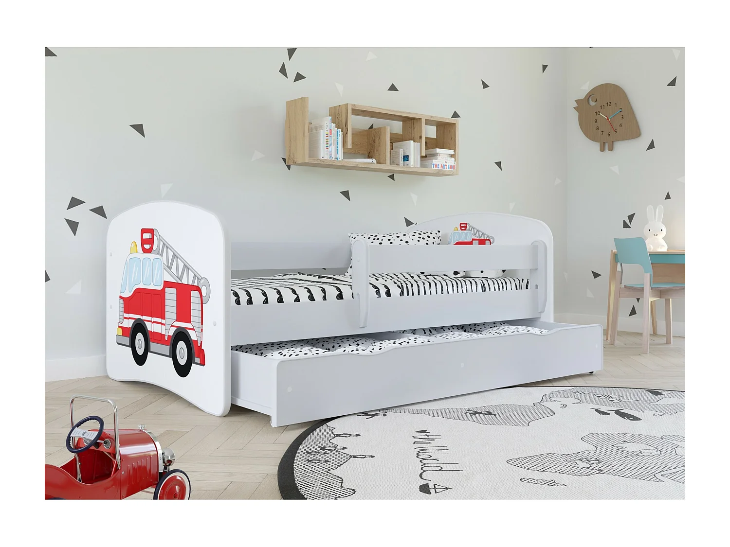 Cama infantil Safari azul con somieres y barrera de seguridad extraíble Drimy-Colchones de espuma-Ropa de cama 80x160 cm