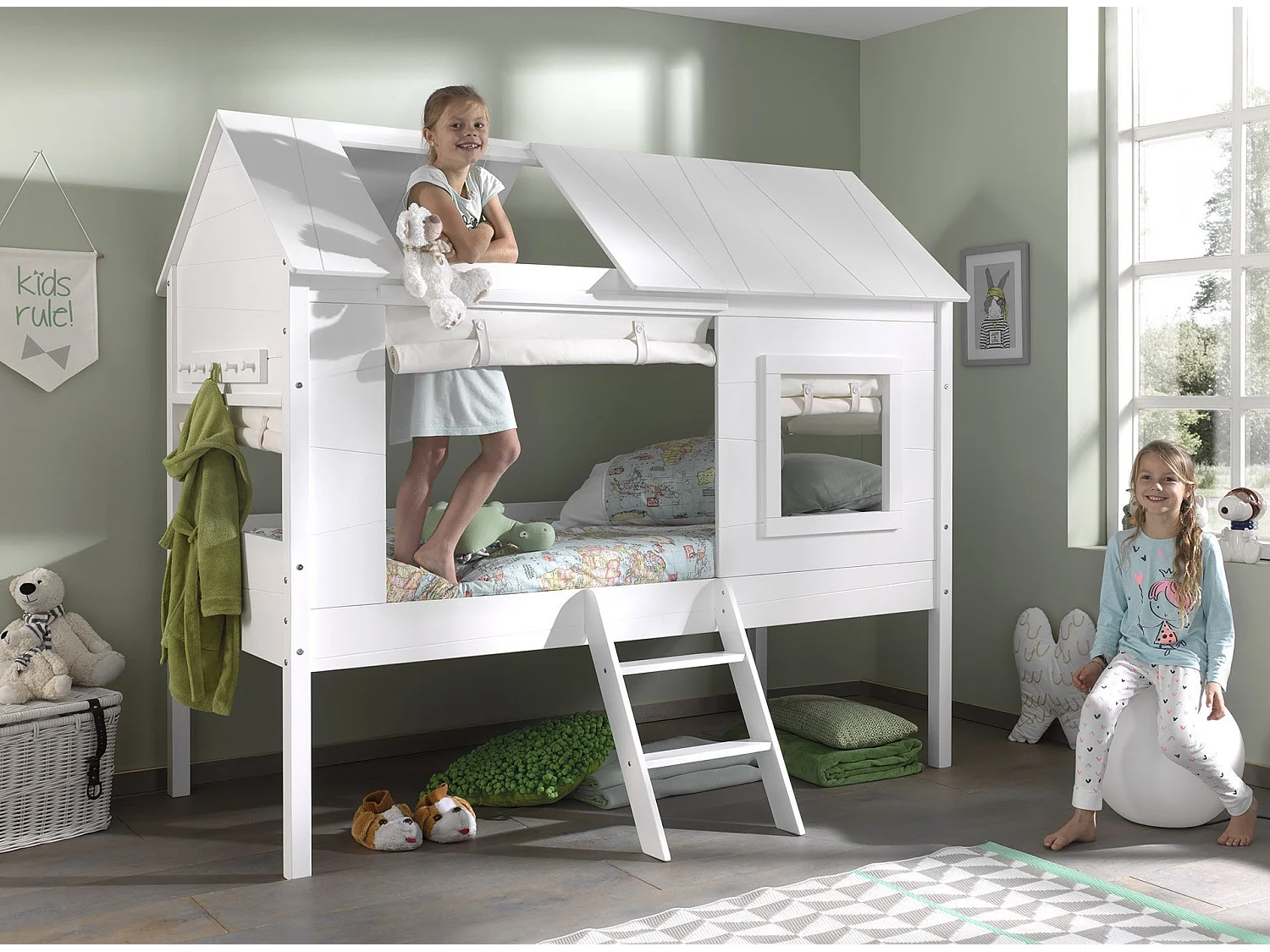 Pack - Lit Cabane Enfant, Sommier & 4 Rideaux "Charlotte" 90x200cm Blanc