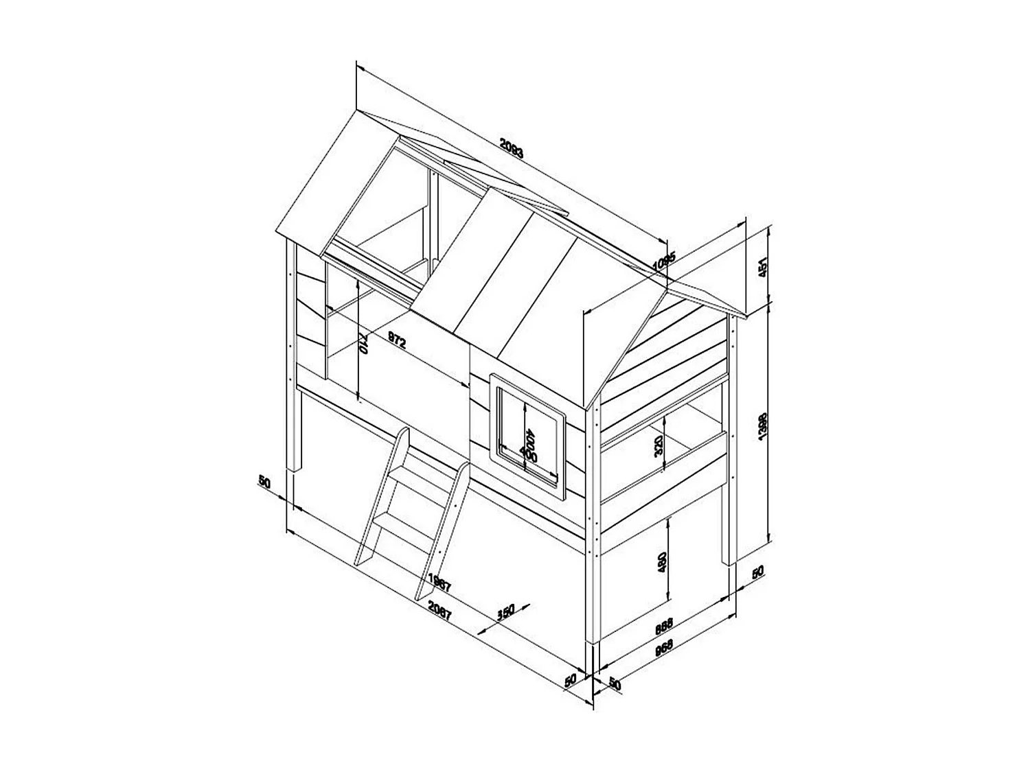 Pack - Lit Cabane Enfant, Sommier & 4 Rideaux "Charlotte" 90x200cm Blanc