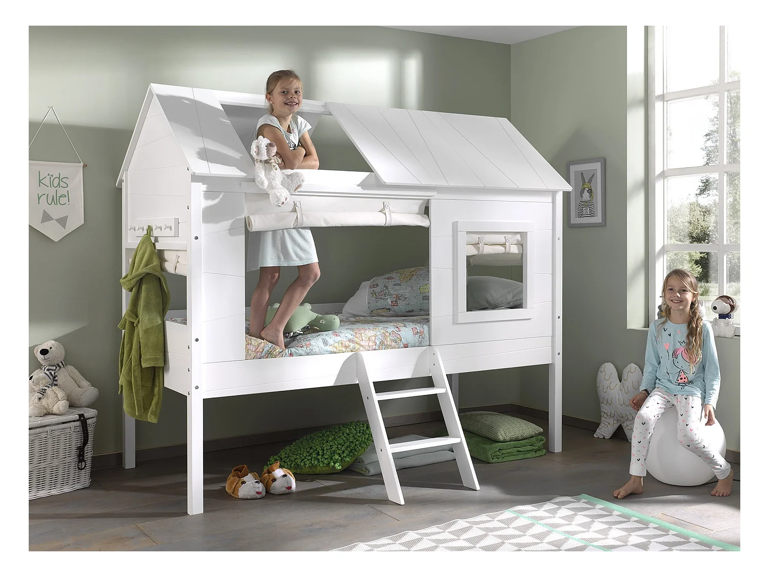 Pack - Lit Cabane Enfant, Sommier & 4 Rideaux "Charlotte" 90x200cm Blanc