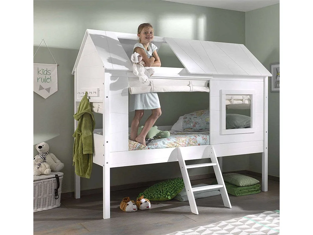Pack - Lit Cabane Enfant, Sommier & 4 Rideaux "Charlotte" 90x200cm Blanc