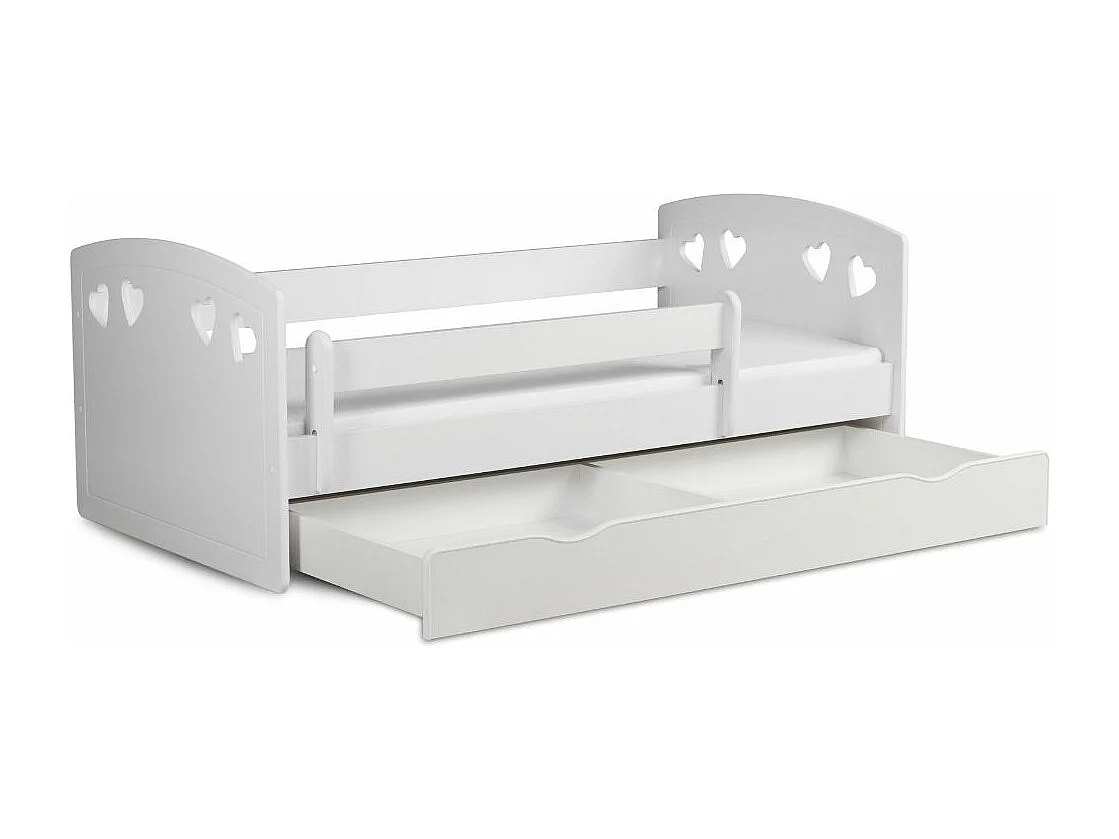 Lit orné de cœurs avec barrière de sécurité amovible blanc Myra-Matelas mousse-80x160-Tiroirs Avec tiroir