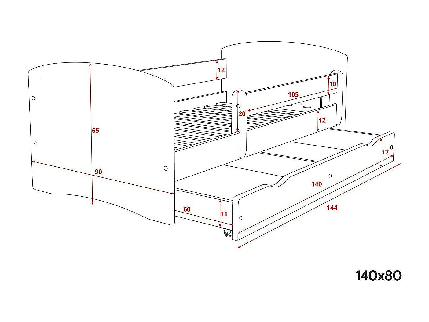 Bed gedecoreerd met hartjes met afneembare beugel wit Myra-Schuim matras-Slapen 80x160cm-Laden Met lade