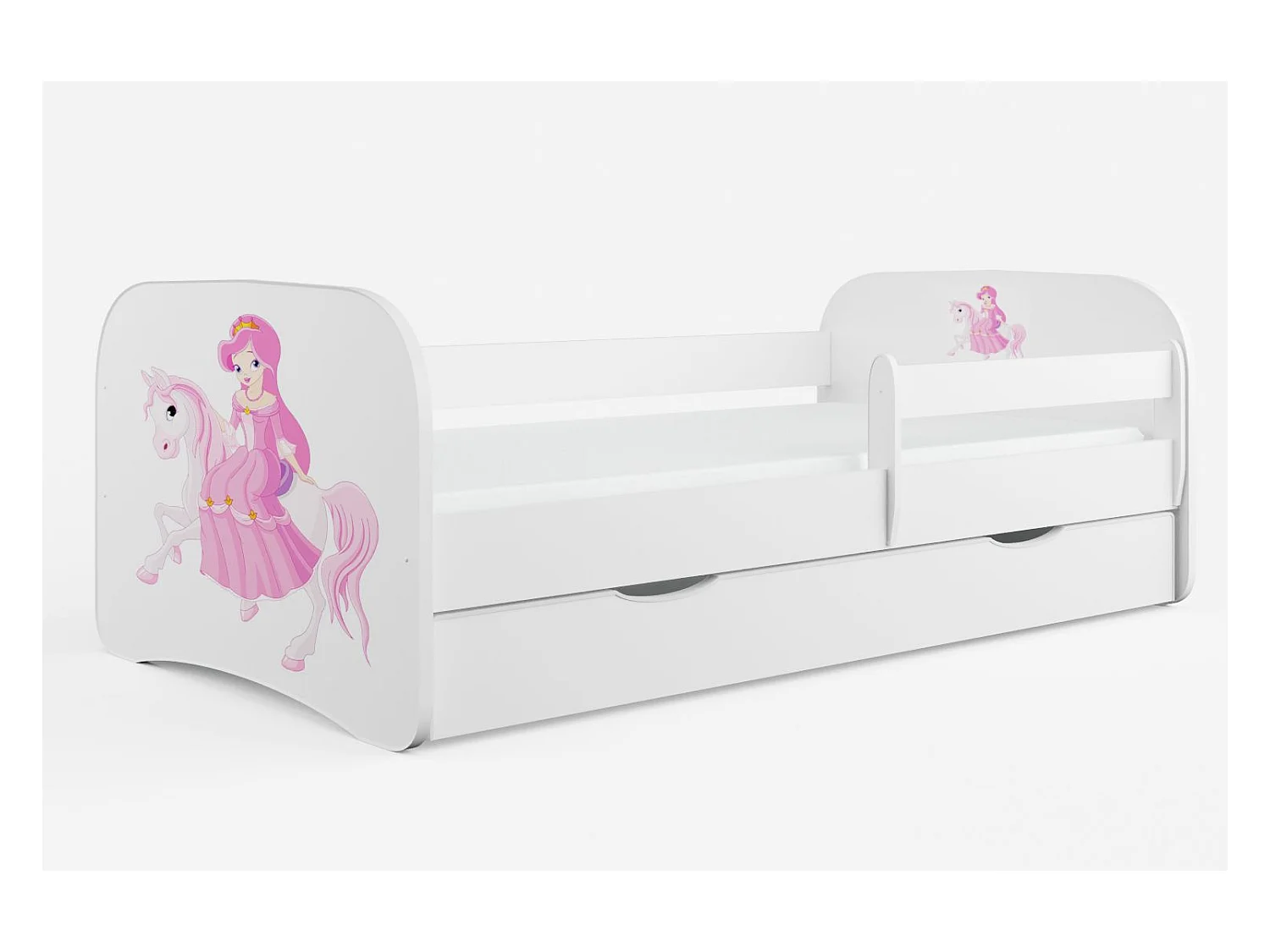 Cama infantil Princess a caballo con somieres y barrera de seguridad extraíble Drimy-Ropa de cama 70x140 cm
