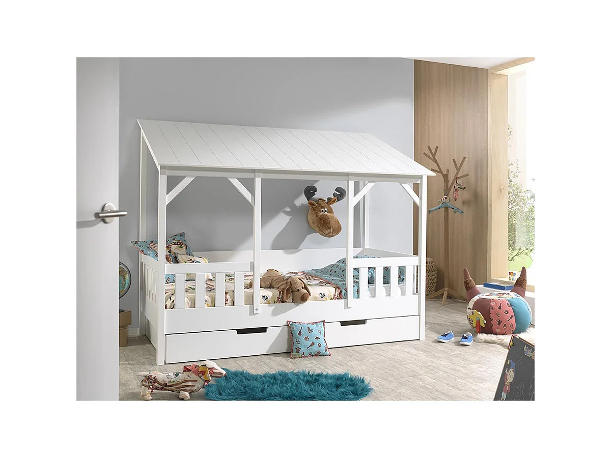 Cama cabina 90x200 cm pino macizo techo blanco Mila
