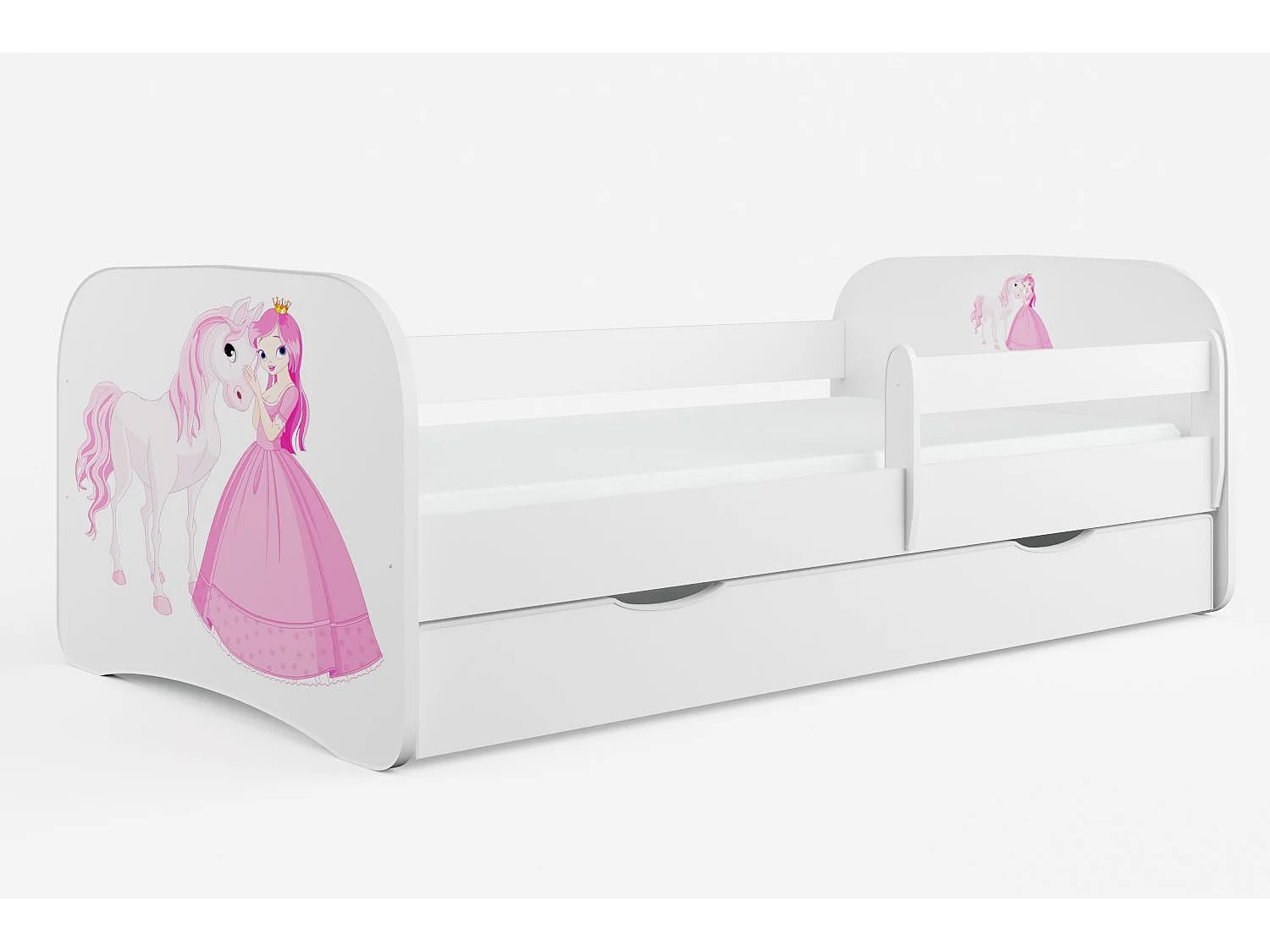 Cama infantil de pie princesa y caballo con somieres y barrera de seguridad extraíble Drimy-Ropa de cama 80x160 cm