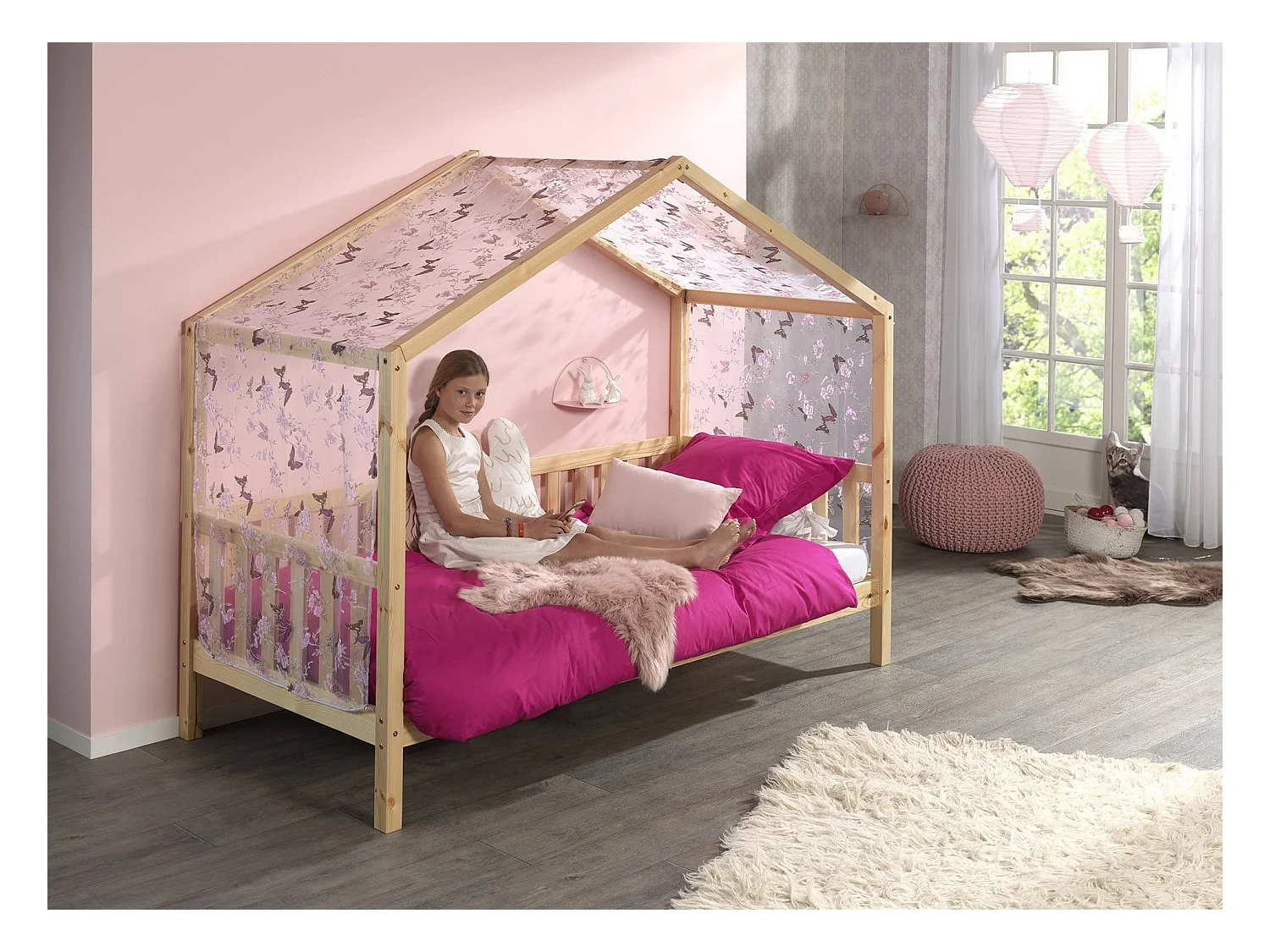 Pack - Lit Enfant Cabane, Barrière & Voile "Dallas II" 90x200cm Naturel