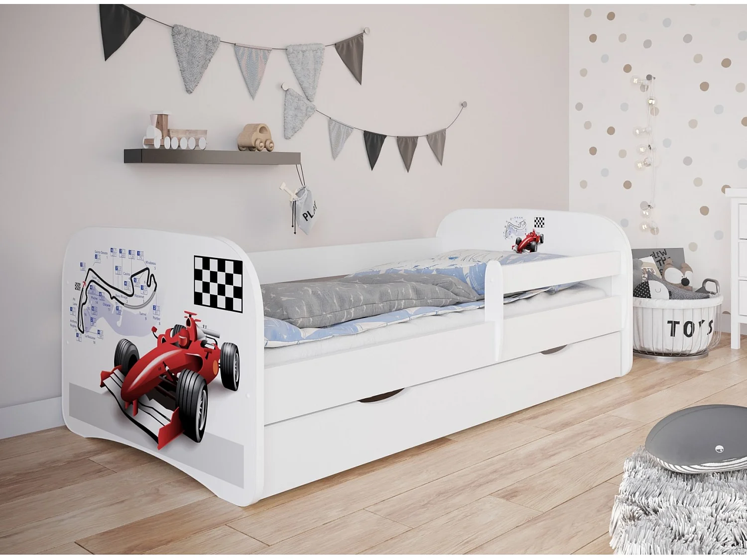Raceauto-kinderbed met boxsprings en afneembaar veiligheidshekje Drimy-Schuim matras-Slapen 80x160cm-Laden Zonder lade