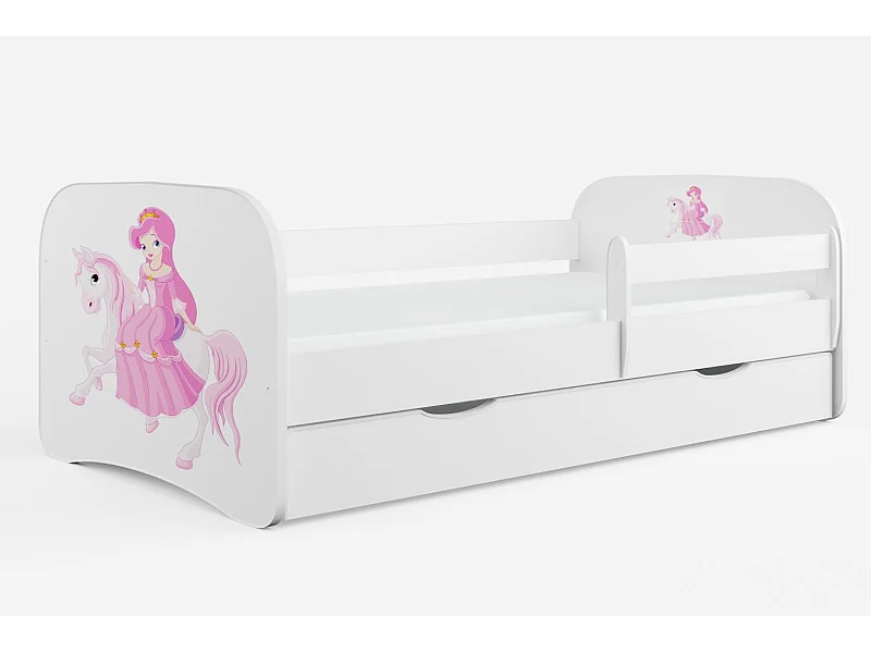 Cama infantil Princess a caballo con somieres y barrera de seguridad extraíble Drimy-Ropa de cama 80x160 cm-Cajones Con cajón