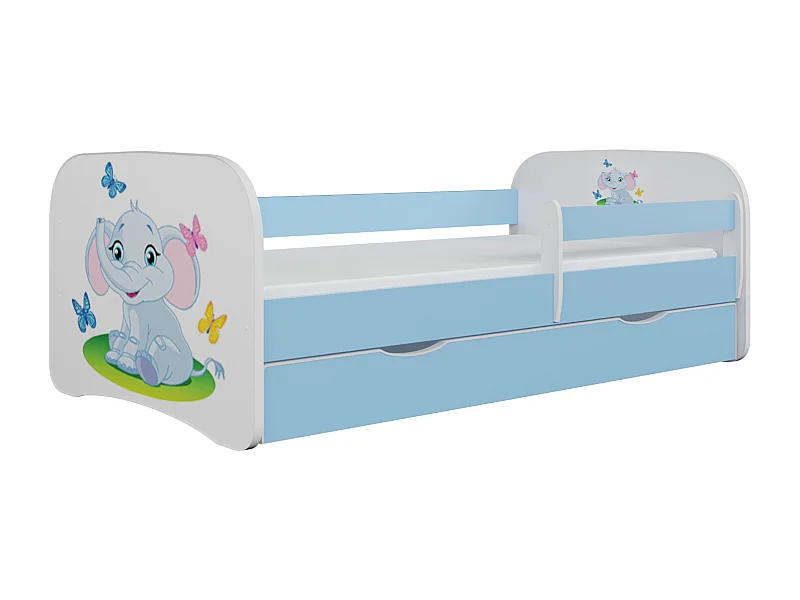 Cama infantil pequeña elefante azul con somieres y barrera de seguridad extraíble Drimy-Colchones de espuma-Ropa de cama 70x140 cm