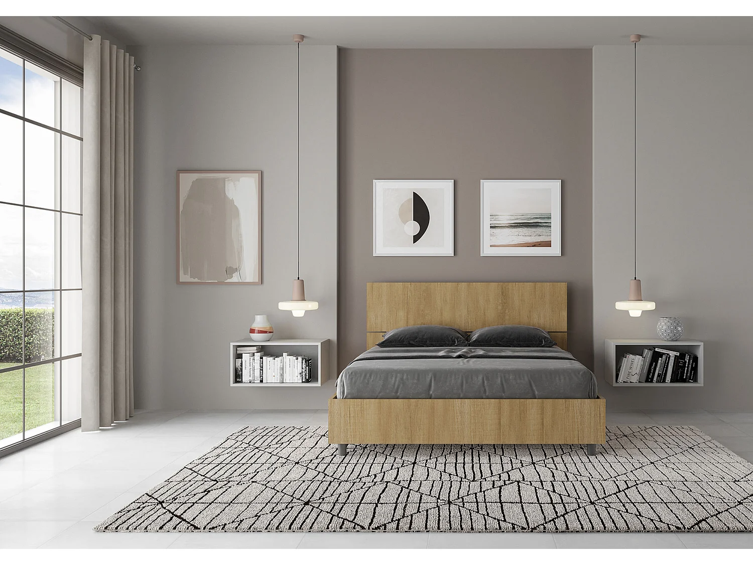 Lit double avec sommier 140x200 tête de lit inclinée chêne nature Demas