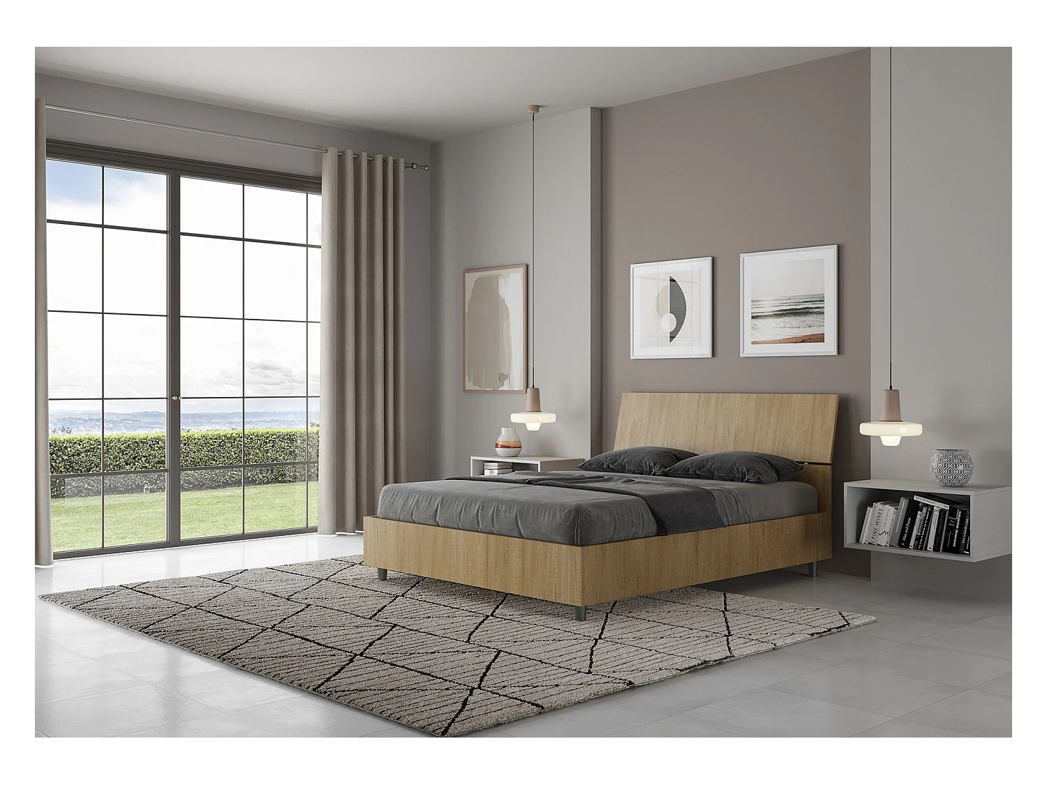 Renoma houten bed met schuin hoofdbord-Kleur Lichtbruin-Slapen 140x200cm-Versie met boxspring