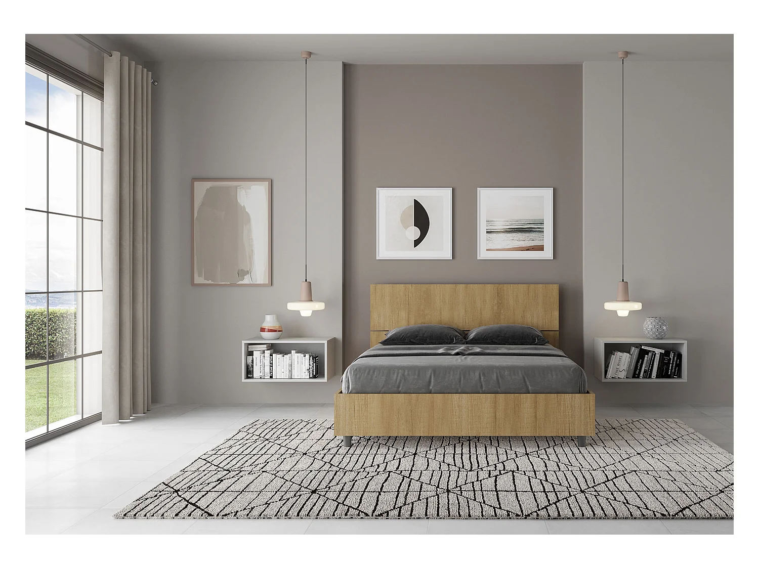 Renoma houten bed met schuin hoofdbord-Kleur Lichtbruin-Slapen 140x200cm-Versie met boxspring
