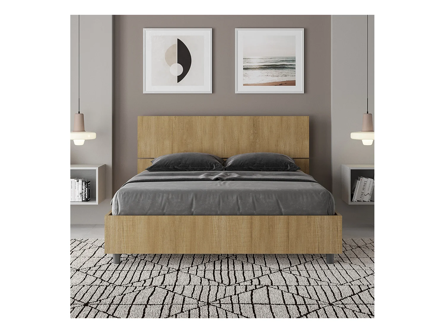 Renoma houten bed met schuin hoofdbord-Kleur Lichtbruin-Slapen 140x200cm-Versie met boxspring