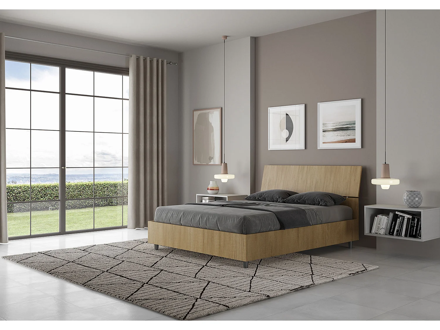 Lit double avec sommier 140x200 tête de lit inclinée chêne nature Demas