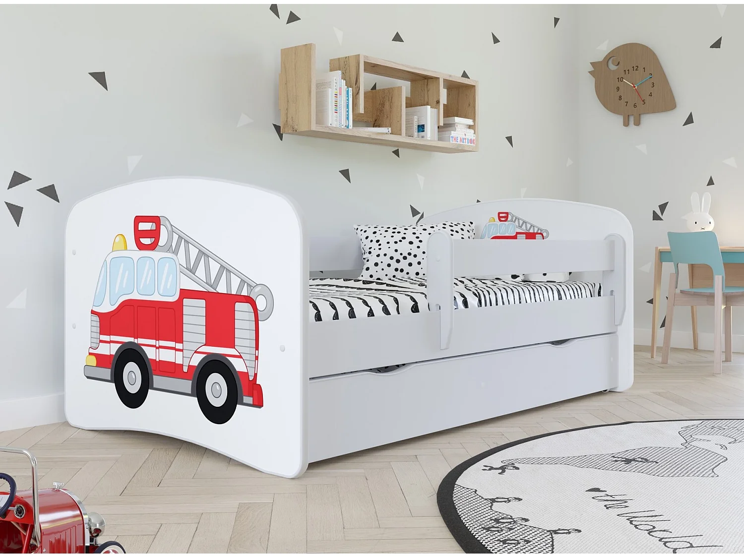 Lit enfant camion de pompier avec sommiers et barrière de sécurité amovible Drimy-70x140