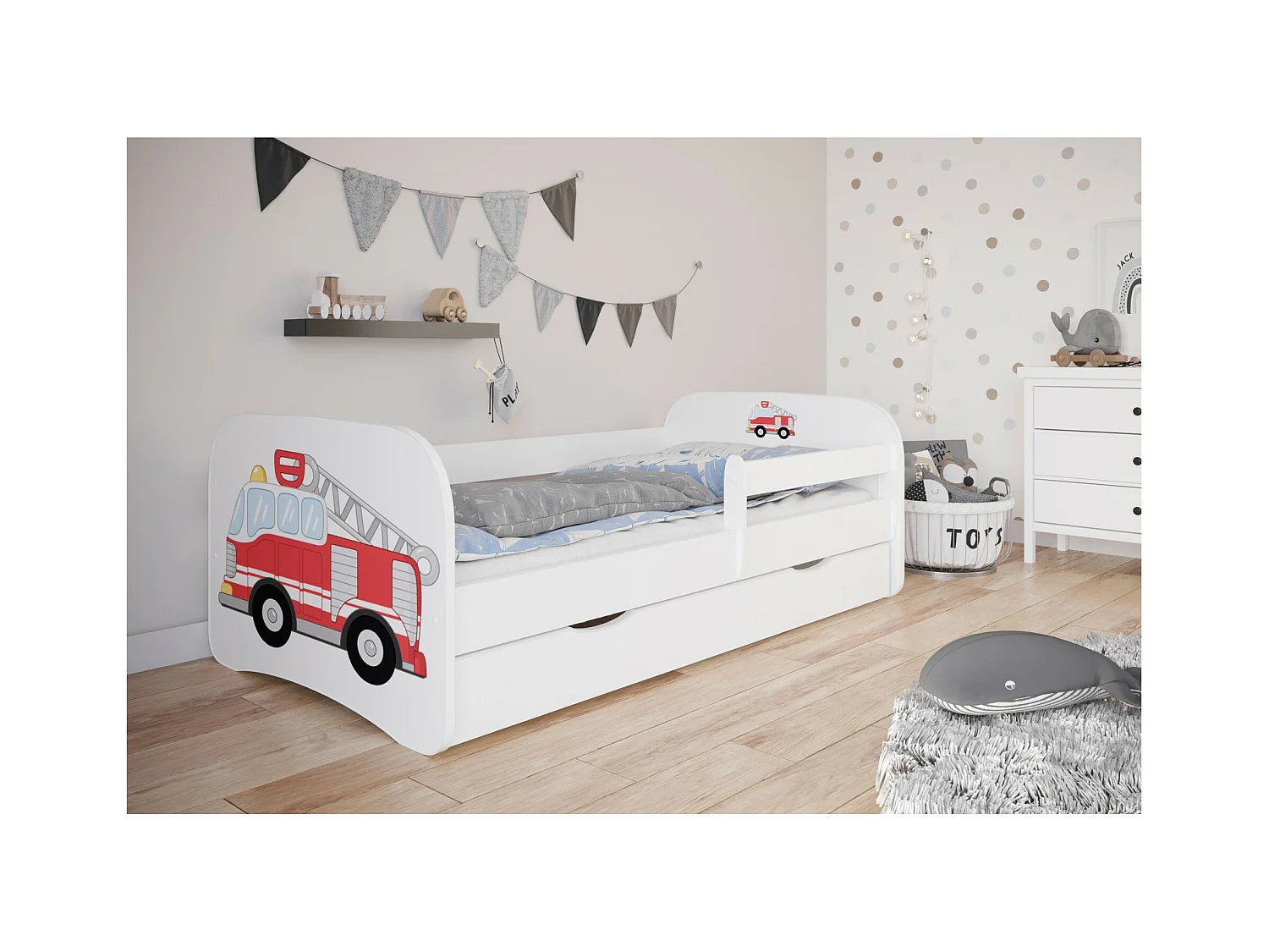 Lit enfant camion de pompier avec sommiers et barrière de sécurité amovible Drimy-70x140