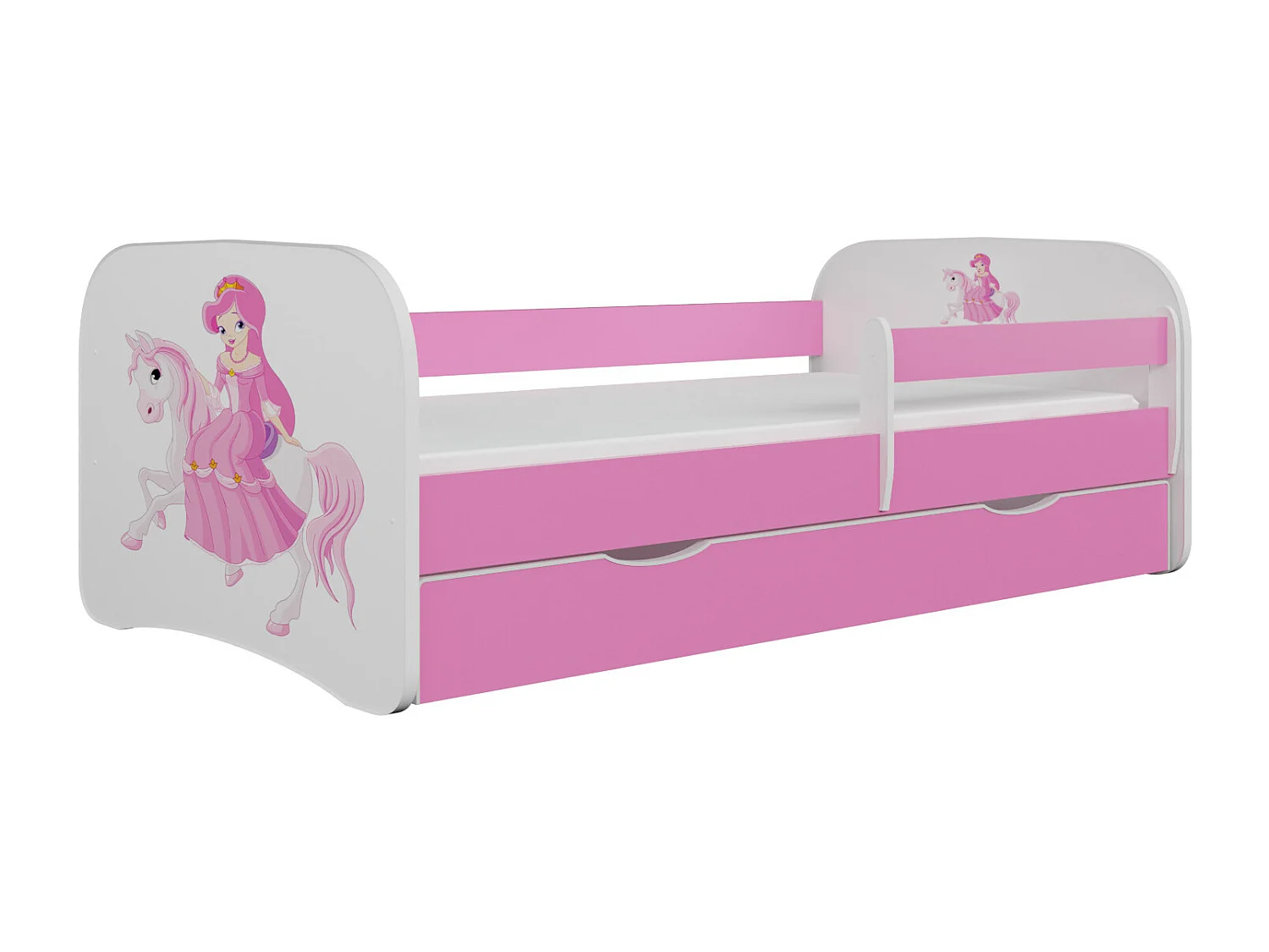 Cama infantil princesa rosa a caballo con somieres y barrera de seguridad extraíble Drimy-Colchones de espuma-Ropa de cama 80x180 cm-Cajones Con cajón