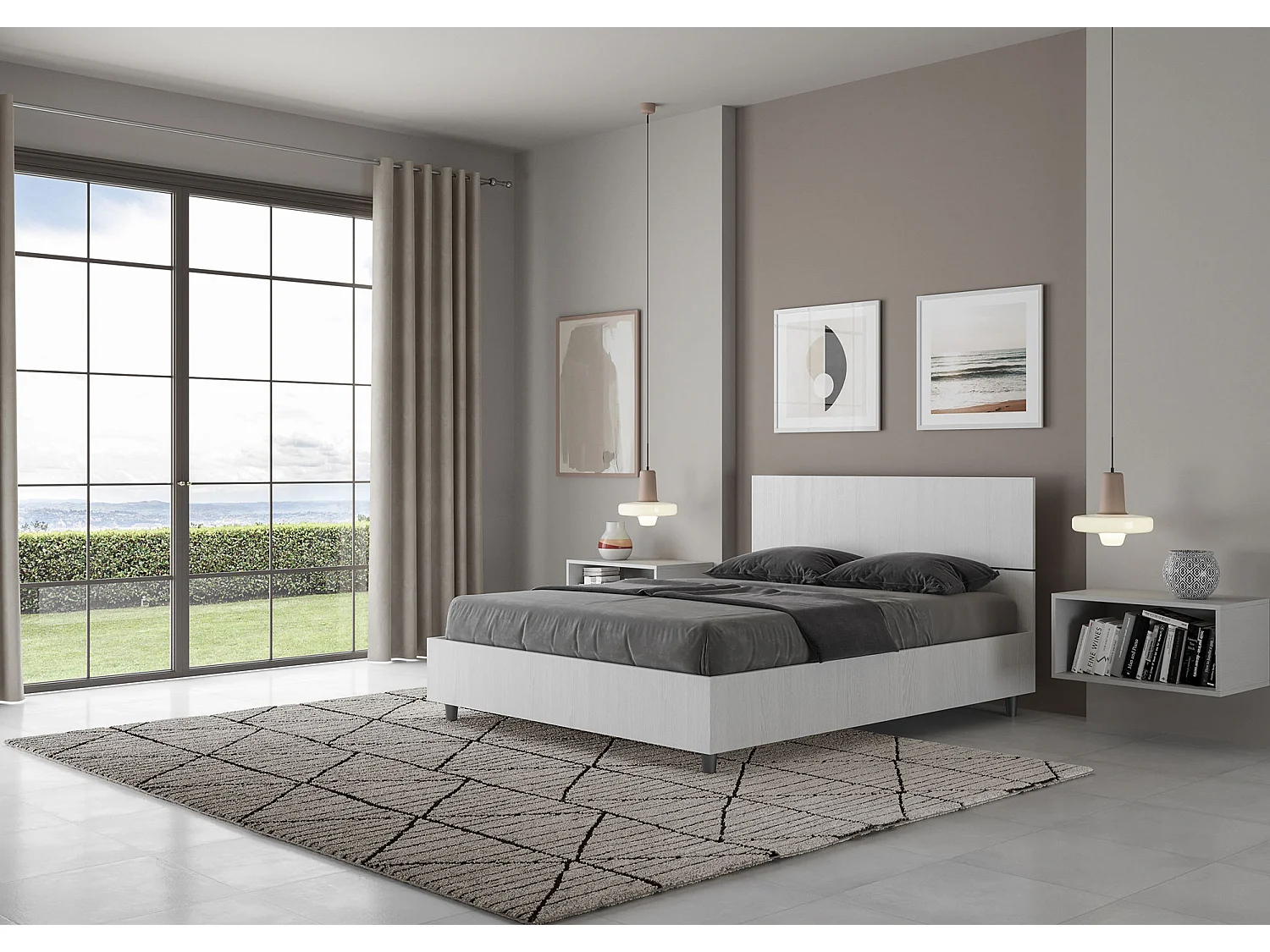 Lit double sans sommier 140x200 tête de lit droite frêne blanc Demas