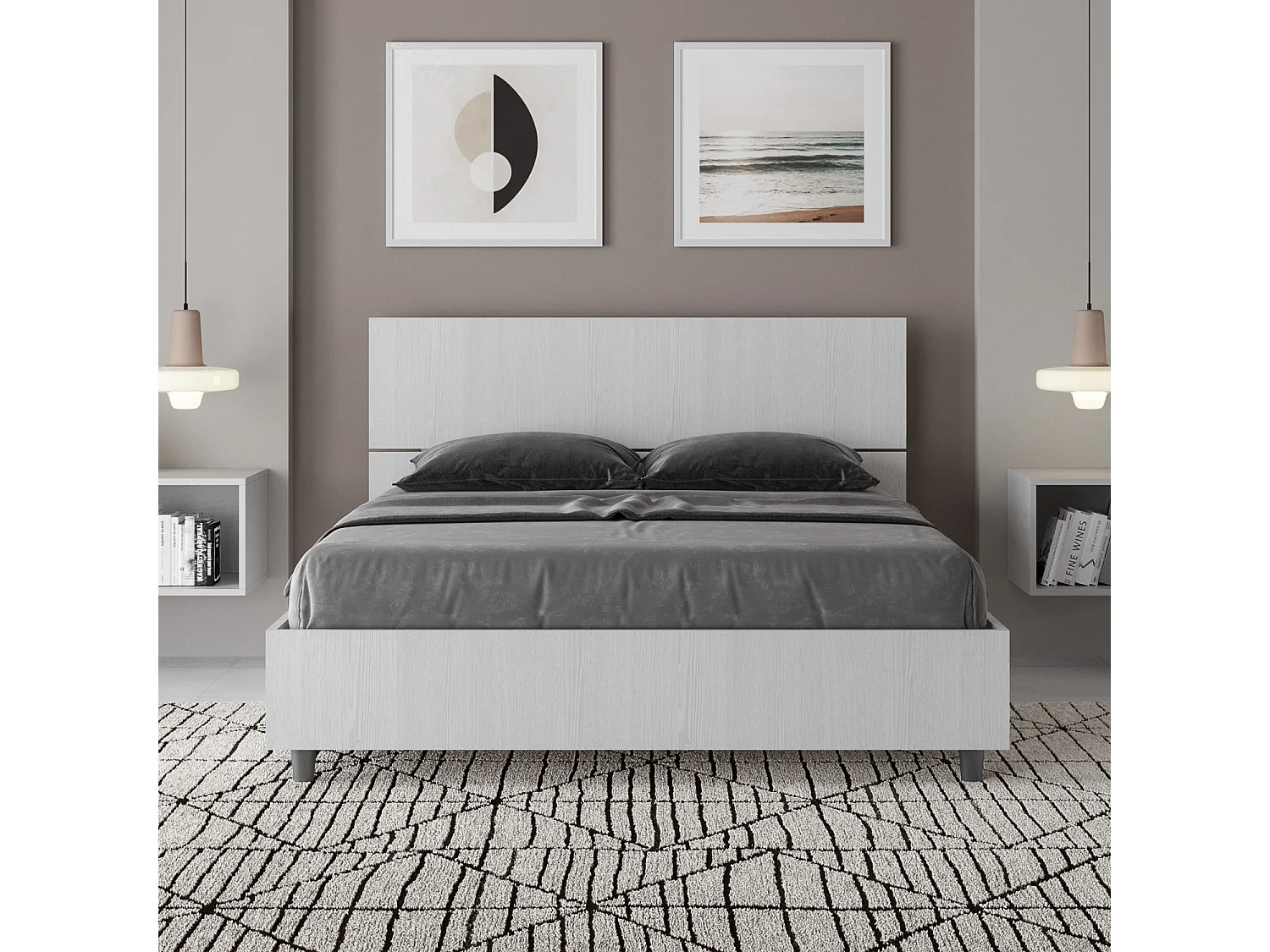 Lit double sans sommier 140x200 tête de lit droite frêne blanc Demas