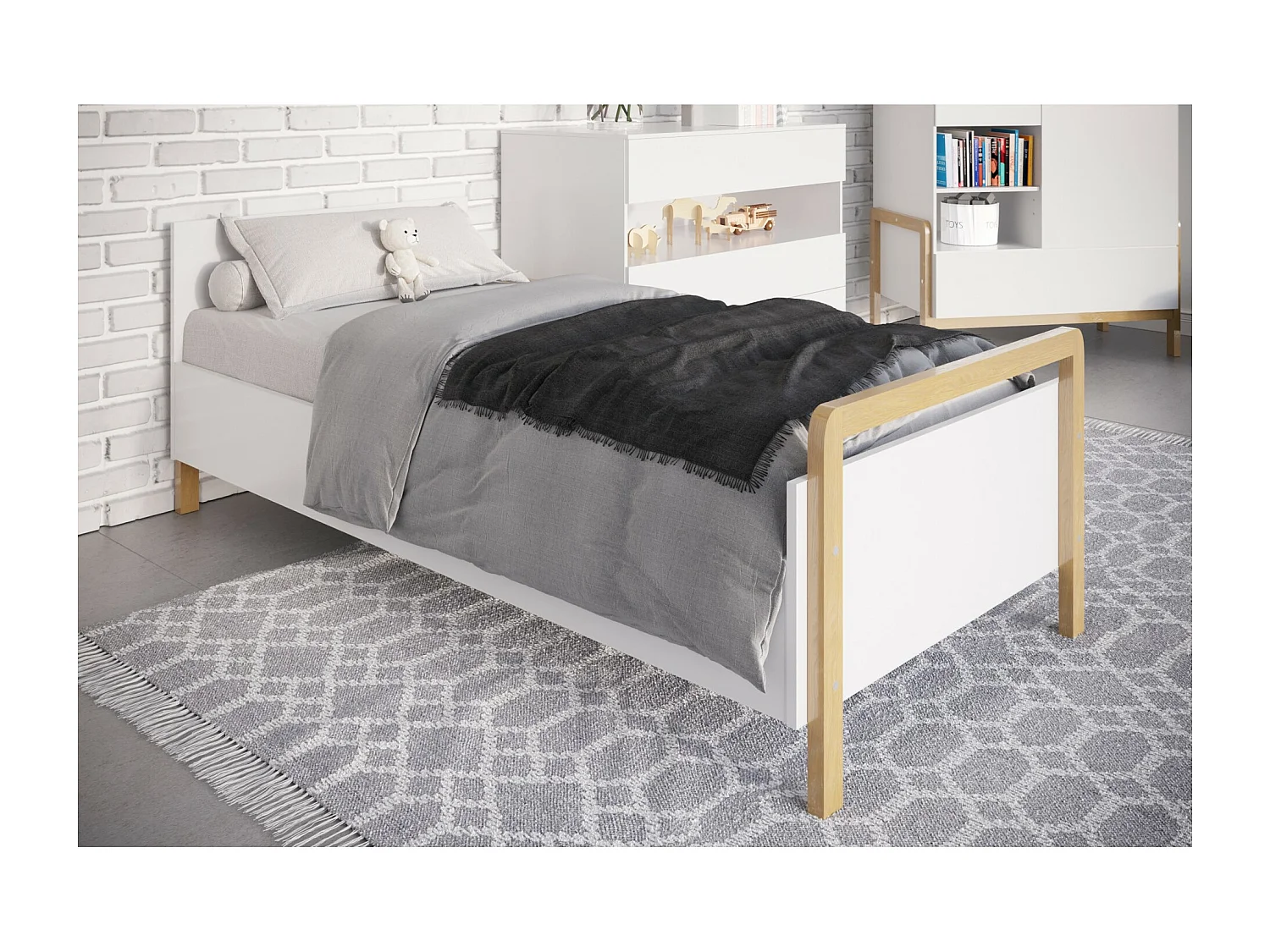 Lit enfant scandinave blanc et bois de chêne vernis Vanka 80x180-Matelas mousse
