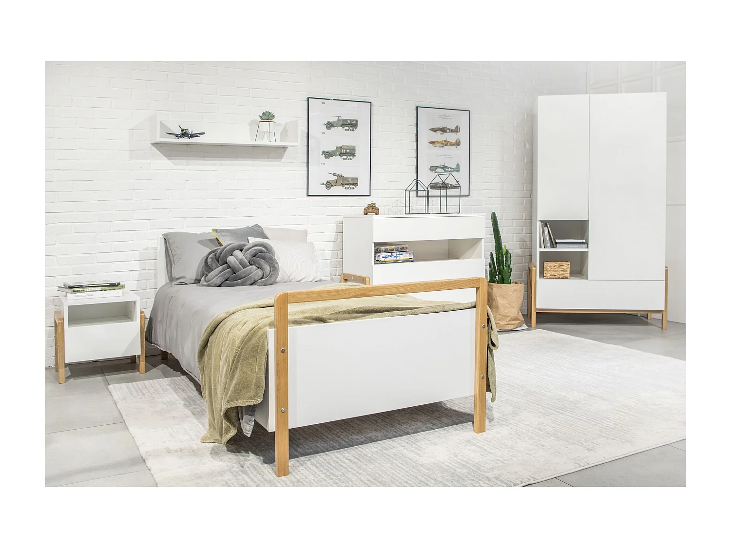 Lit enfant scandinave blanc et bois de chêne vernis Vanka 80x180-Matelas mousse