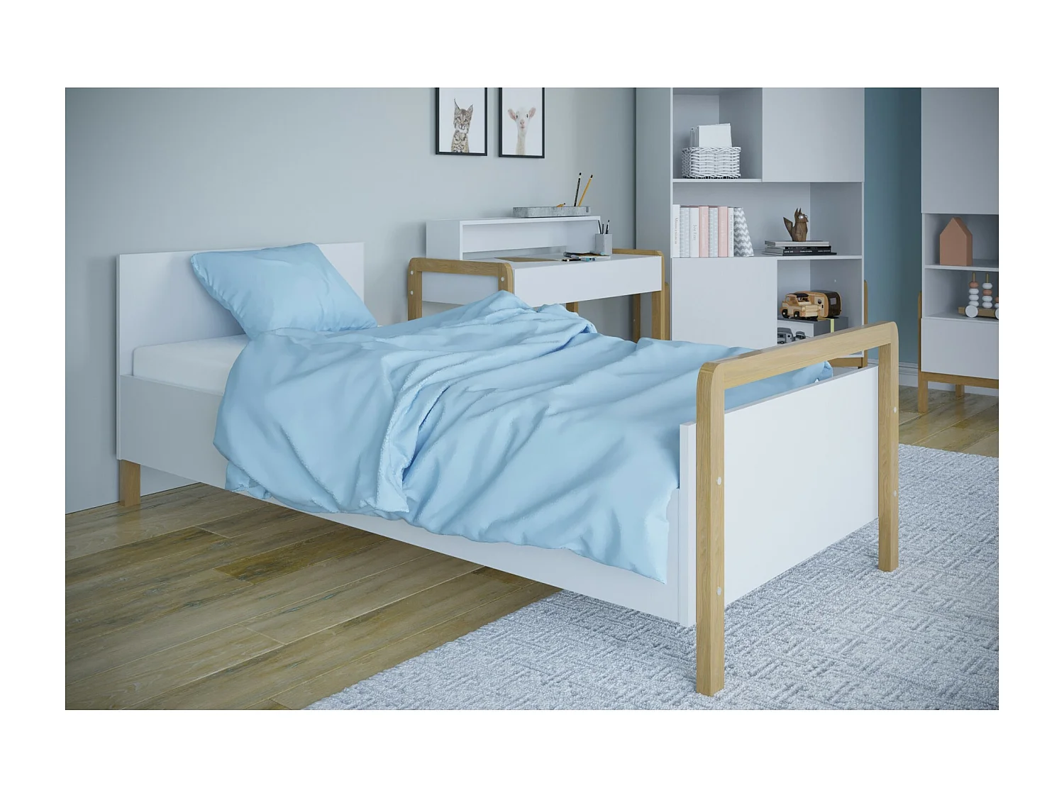Lit enfant scandinave blanc et bois de chêne vernis Vanka 80x180-Matelas mousse