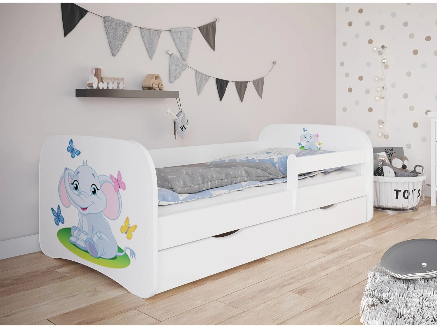 Cama infantil pequeña elefante con somieres y barrera de seguridad extraíble Drimy-Ropa de cama 70x140 cm-Cajones Con cajón