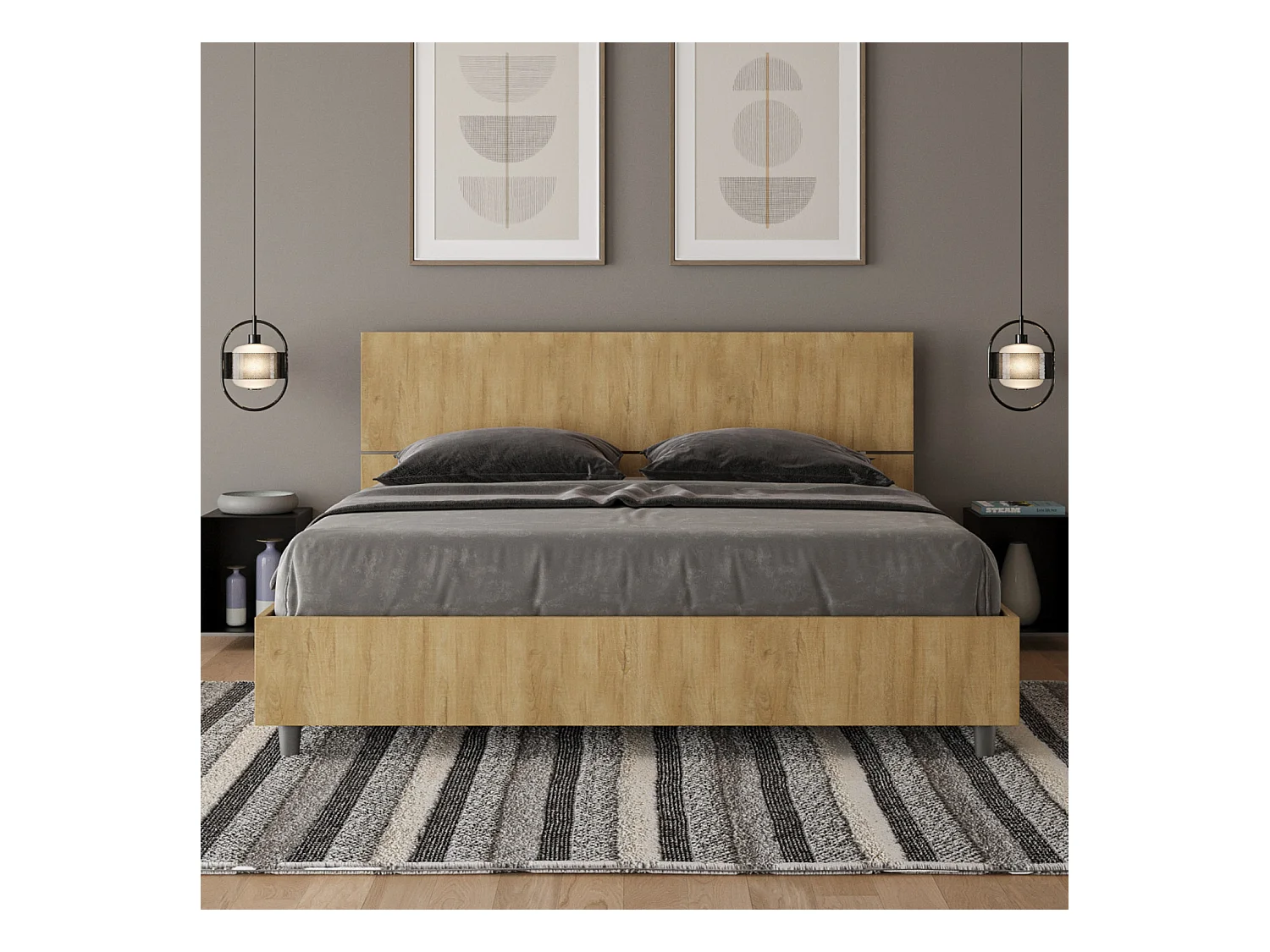 Lit sans sommier 160x200 tête de lit droite chêne nature Demas