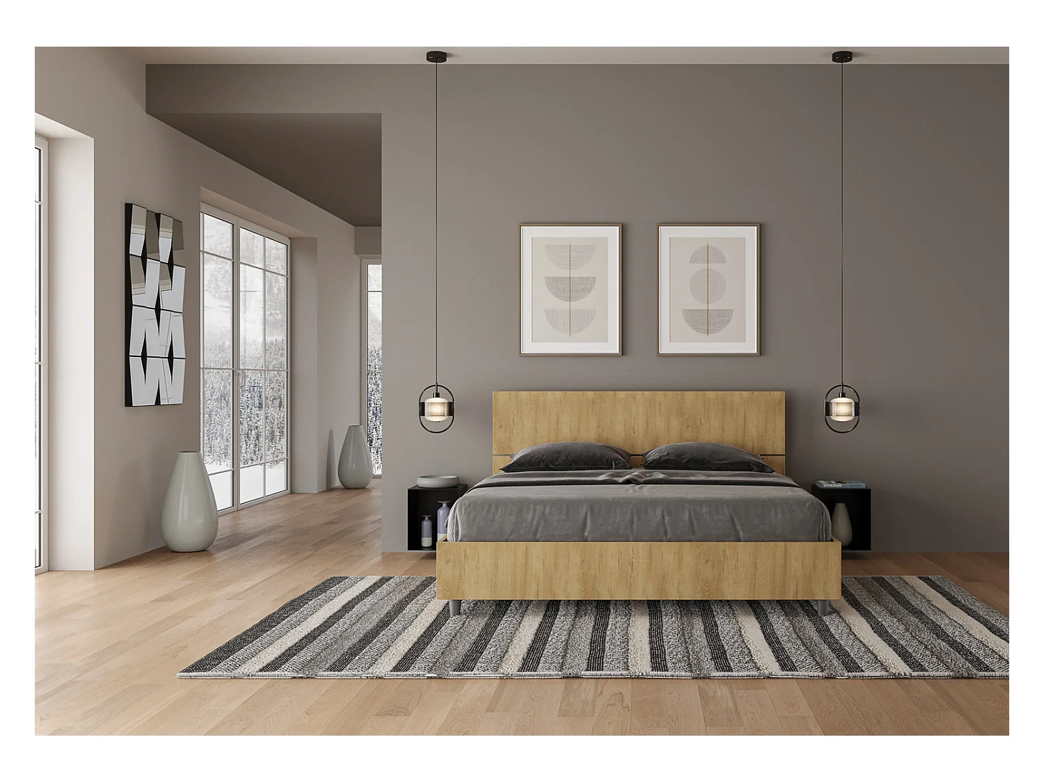 Lit sans sommier 160x200 tête de lit droite chêne nature Demas