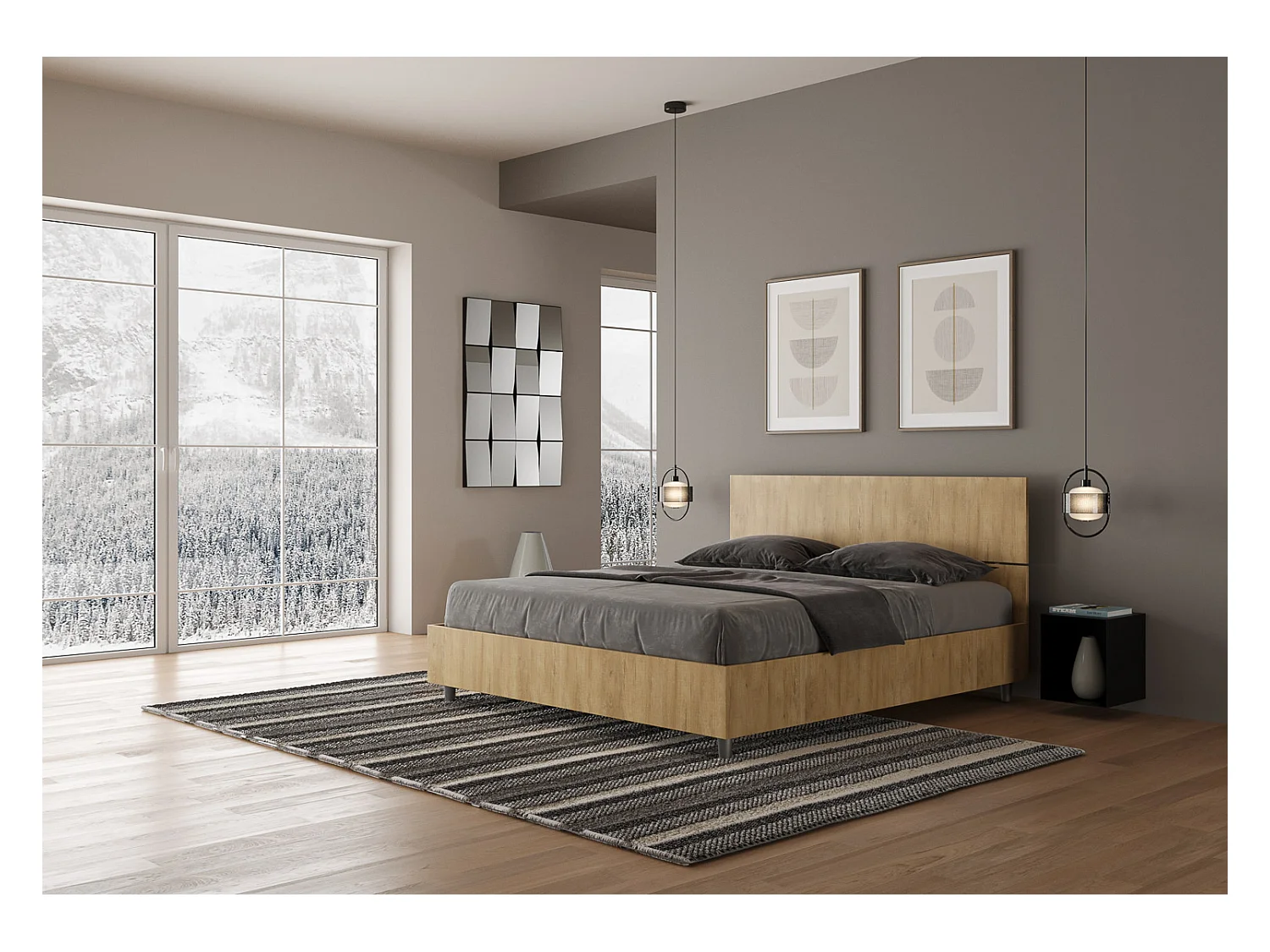 Lit sans sommier 160x200 tête de lit droite chêne nature Demas