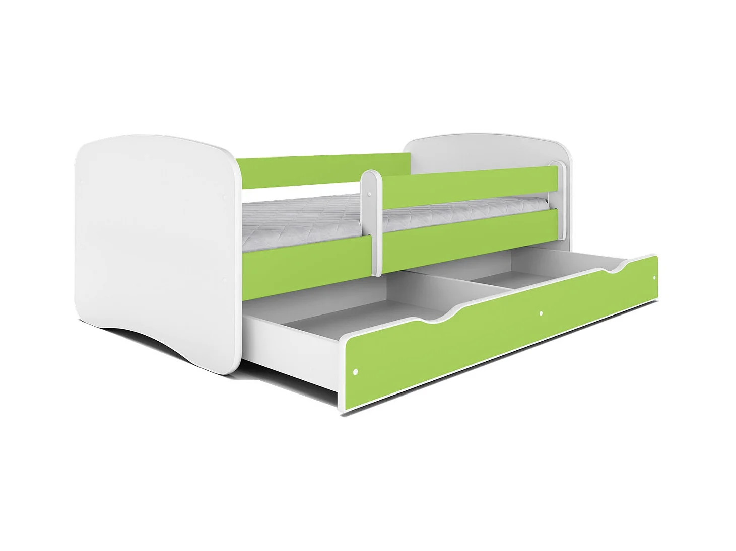 Lit enfant vert avec sommiers et barrière de sécurité amovible Drimy-Matelas mousse-80x180-Tiroirs Avec tiroir