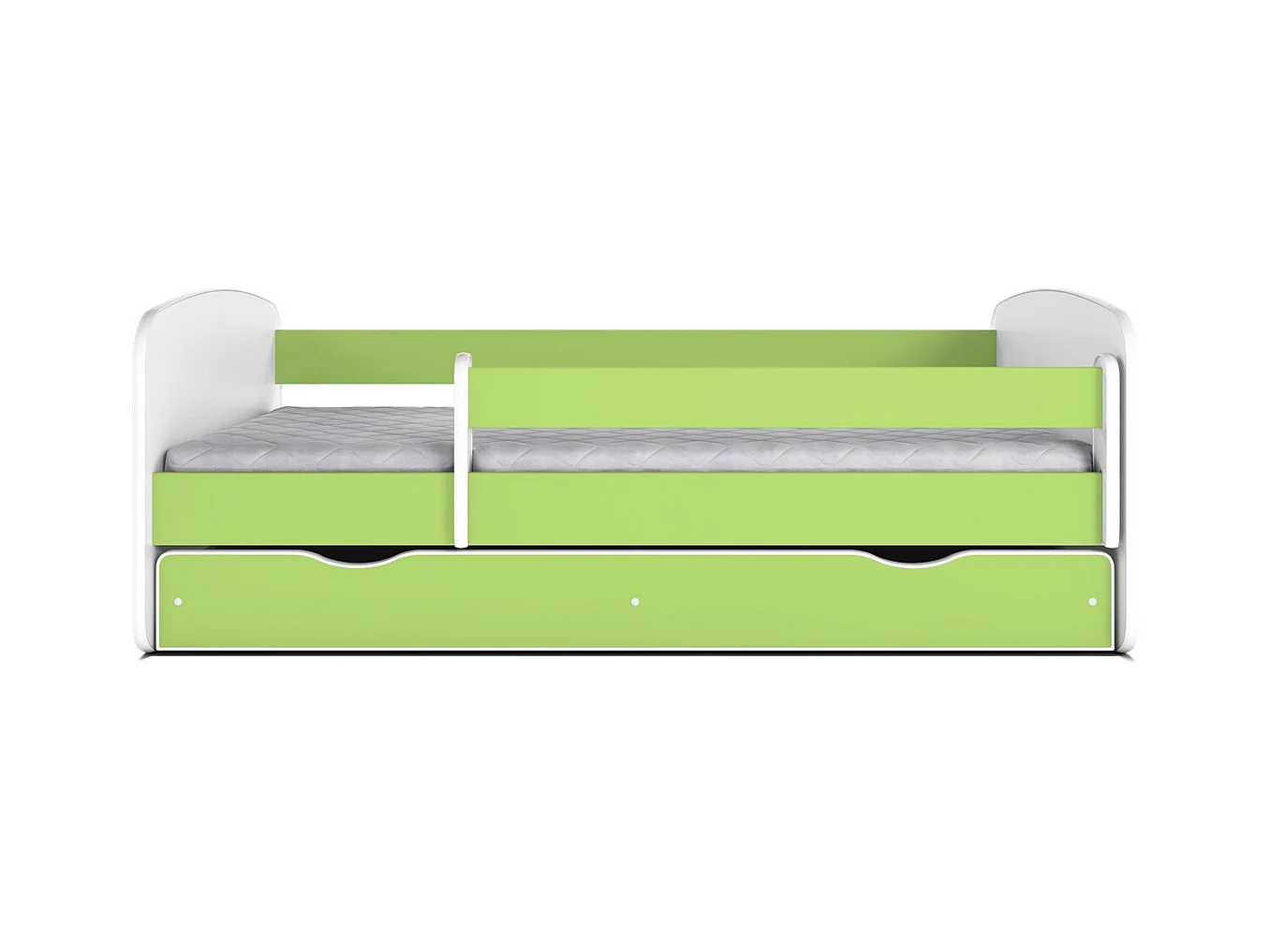 Lit enfant vert avec sommiers et barrière de sécurité amovible Drimy-Matelas mousse-80x180-Tiroirs Avec tiroir
