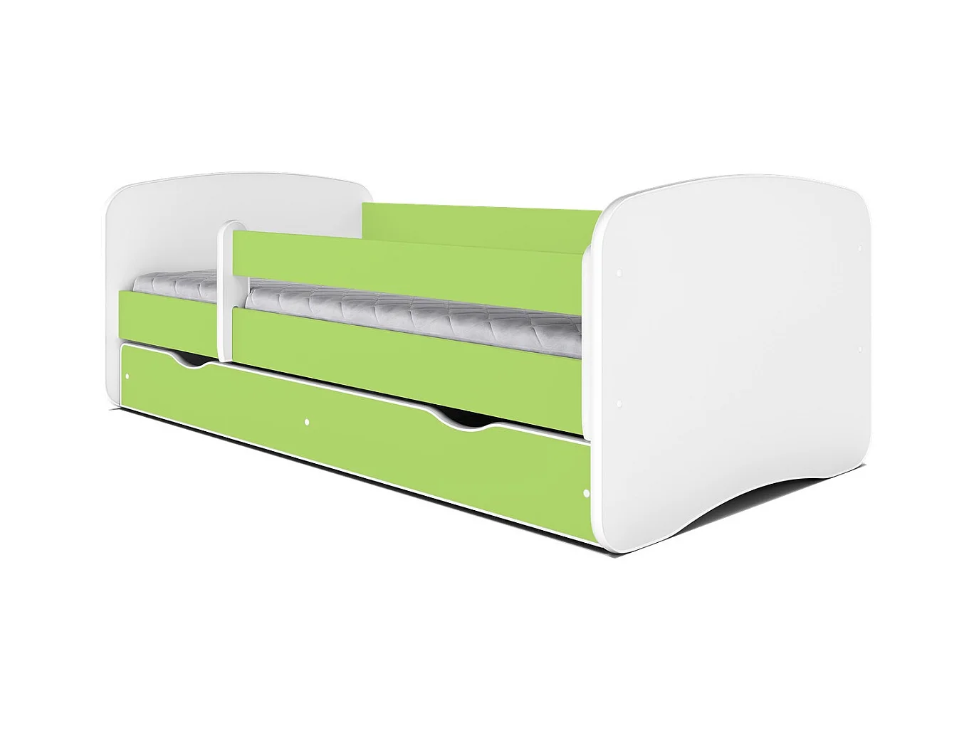 Lit enfant vert avec sommiers et barrière de sécurité amovible Drimy-Matelas mousse-80x180-Tiroirs Avec tiroir
