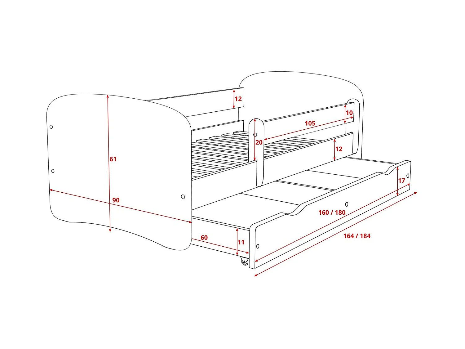 Lit enfant vert avec sommiers et barrière de sécurité amovible Drimy-Matelas mousse-80x180-Tiroirs Avec tiroir