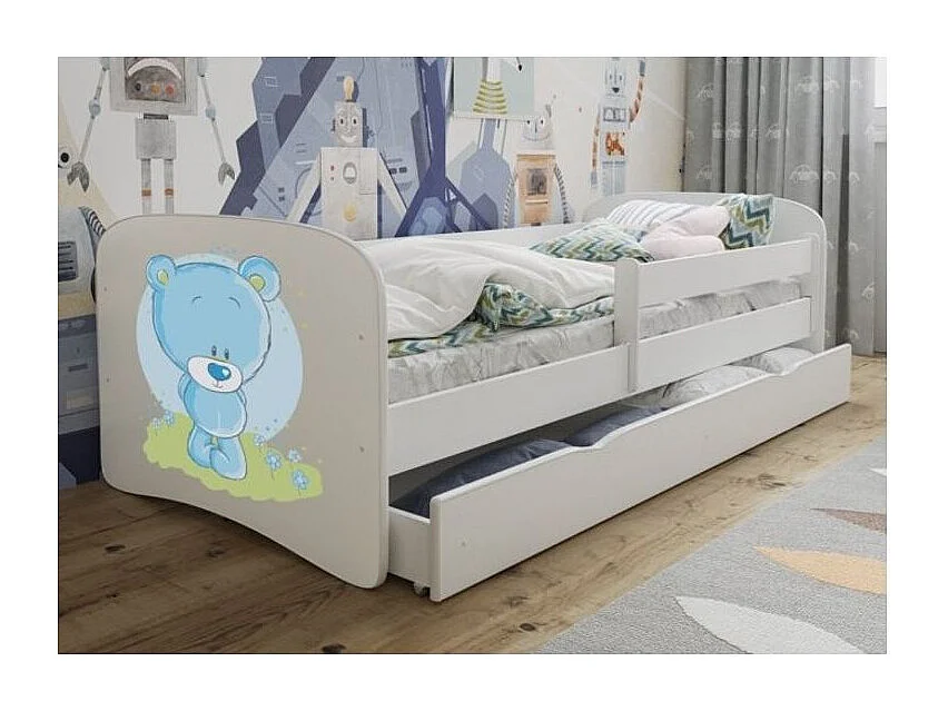 Lit enfant nounours avec sommiers et barrière de sécurité amovible Drimy-Matelas mousse-80x160-Tiroirs Avec tiroir