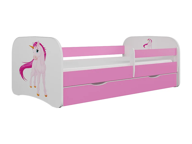 Lit enfant rose Licorne avec sommiers et barrière de sécurité amovible Drimy-Matelas mousse-70x140-Tiroirs Avec tiroir